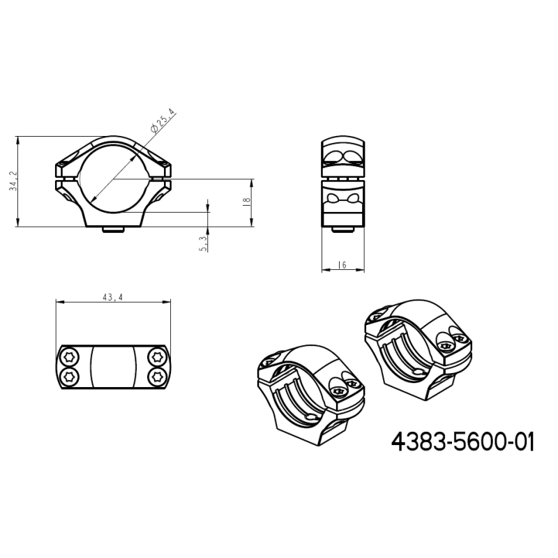 1" kikkertmontageringe [25,4mm] | en-delt picatinny base med QD håndtag 