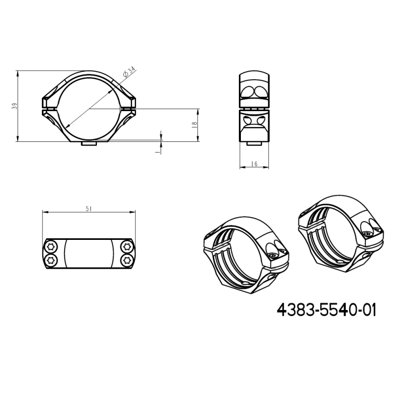 34mm kikkertmontageringe | todelt Picatinny QD-base 